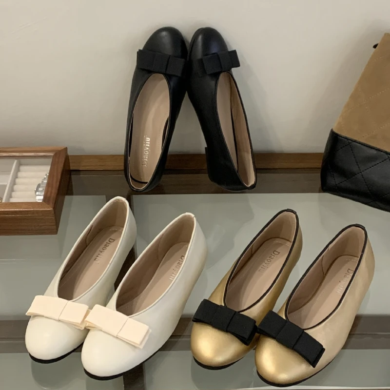 

Весенне-осенняя элегантная обувь, женская модная женская обувь, удобная брендовая обувь с золотым бантом и круглым носком, повседневная женская обувь на плоской подошве