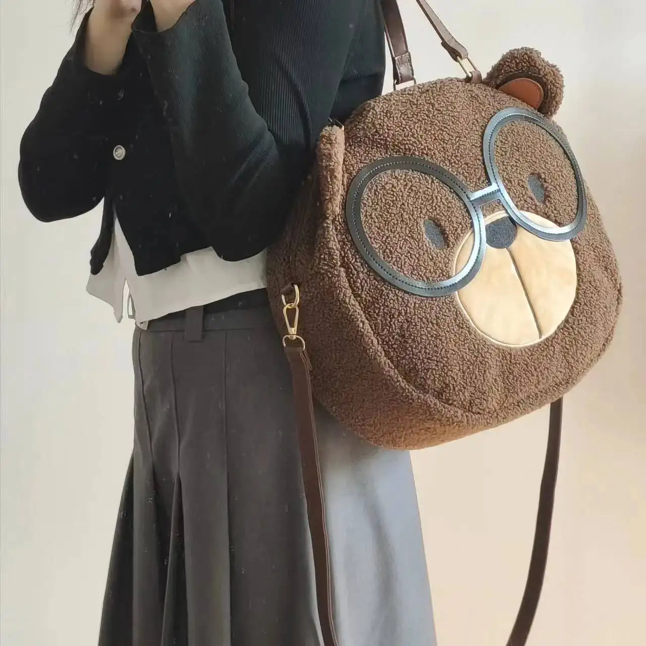 Bloom Plush Bear Brown Shoulder Women Haruku Aesthetic Large Capacity Cacsual Handbag Ladies Retro Cute Crossbody Bags