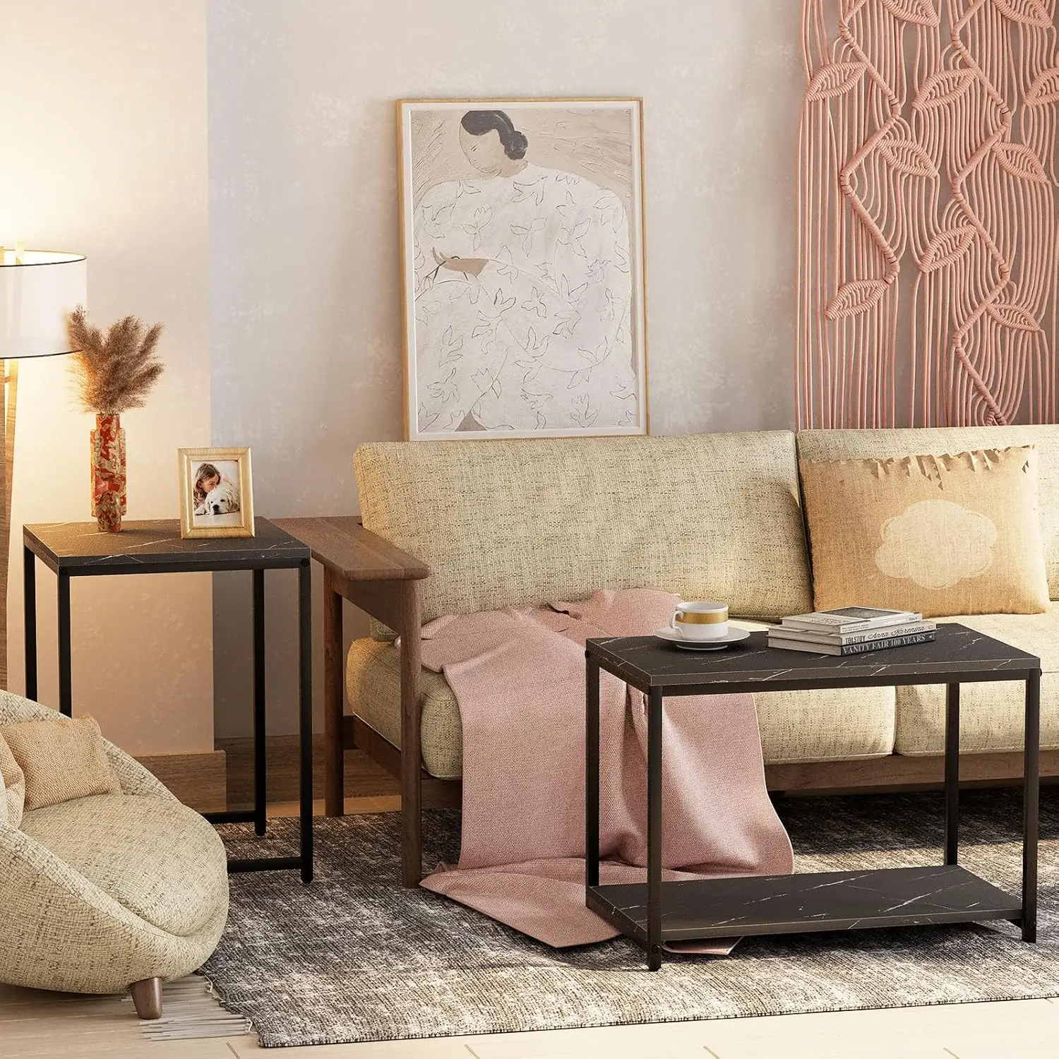 Coffee Table , Modern Design for Living Room & Bedroom, Faux Marble Center Table with Storage, Set of 2 Nesting Side Tables