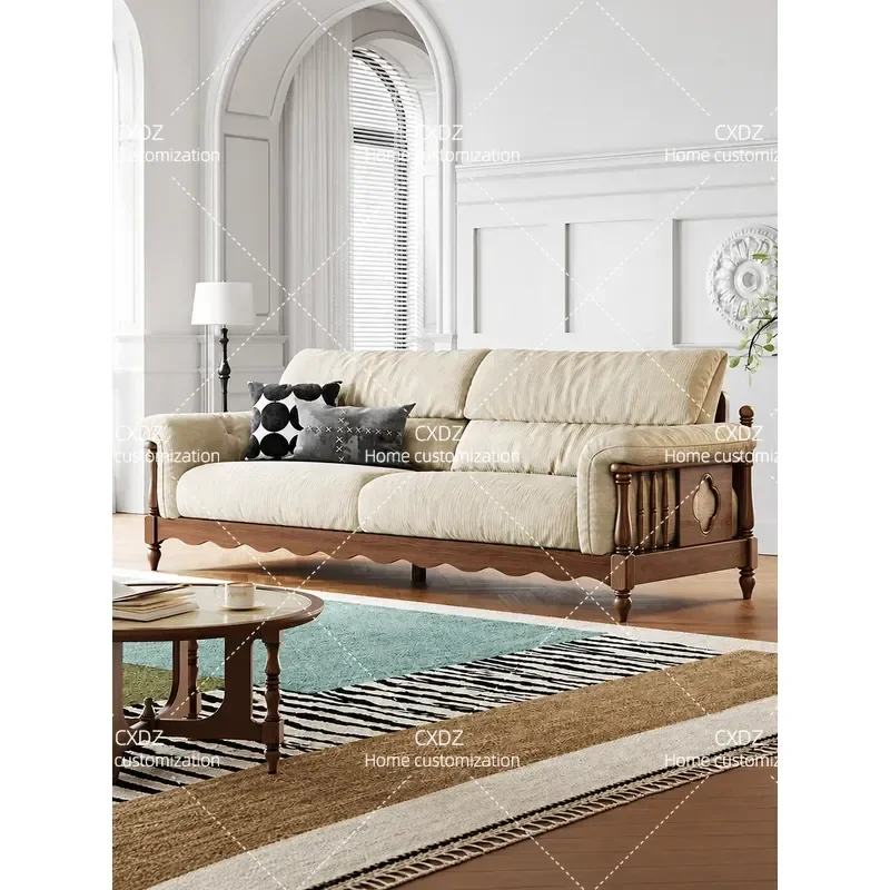 Medieval Retro Fabric Sofa Removable Washable Solid Wood Frame Living Room 3 4 Seater Straight Row Couch for Home Furniture