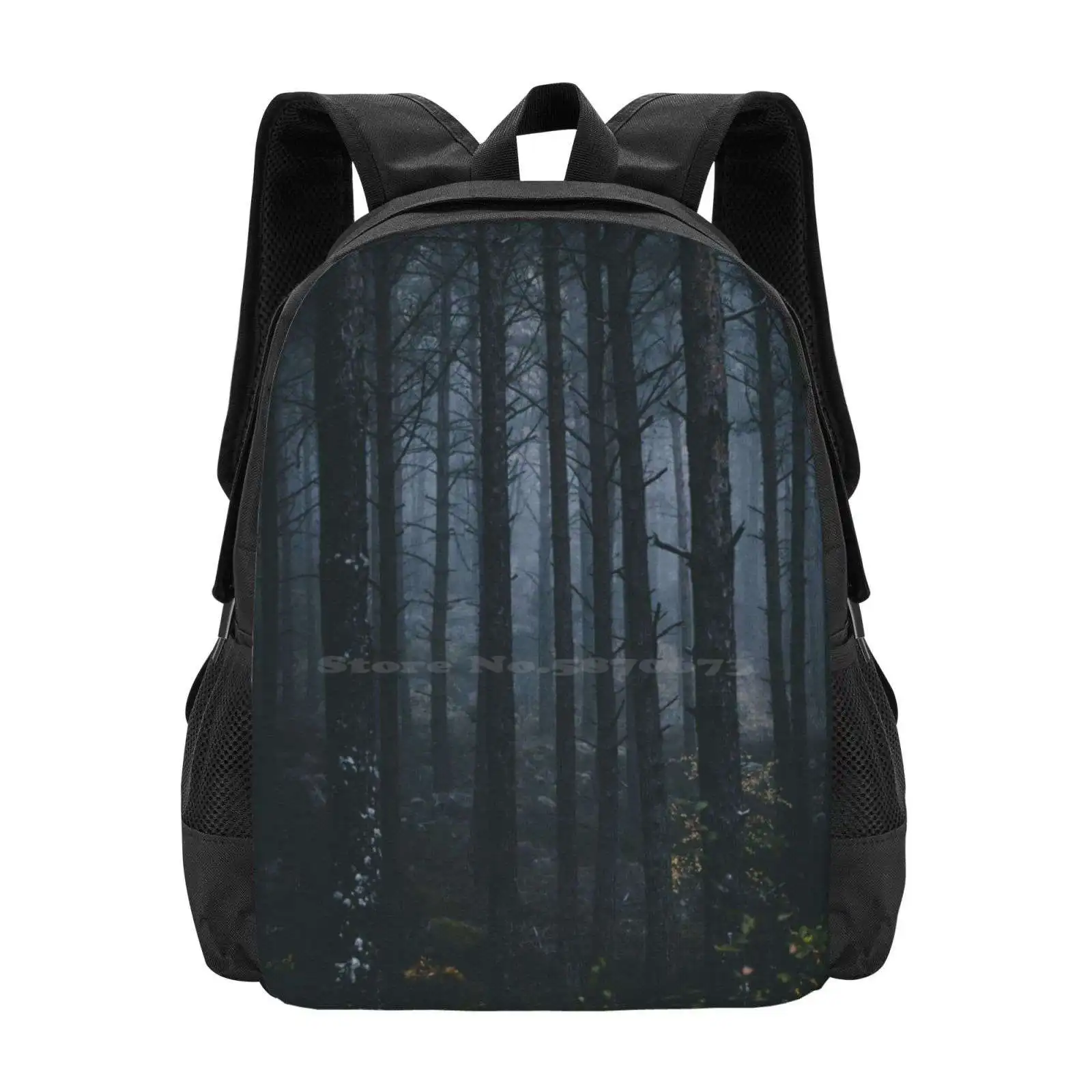 Blind Ghosts Pattern Design Bagpack School Bags Darkness Moody Eerie Spooky Trees Fog Mist Spiritual Emotional Nature Mossy