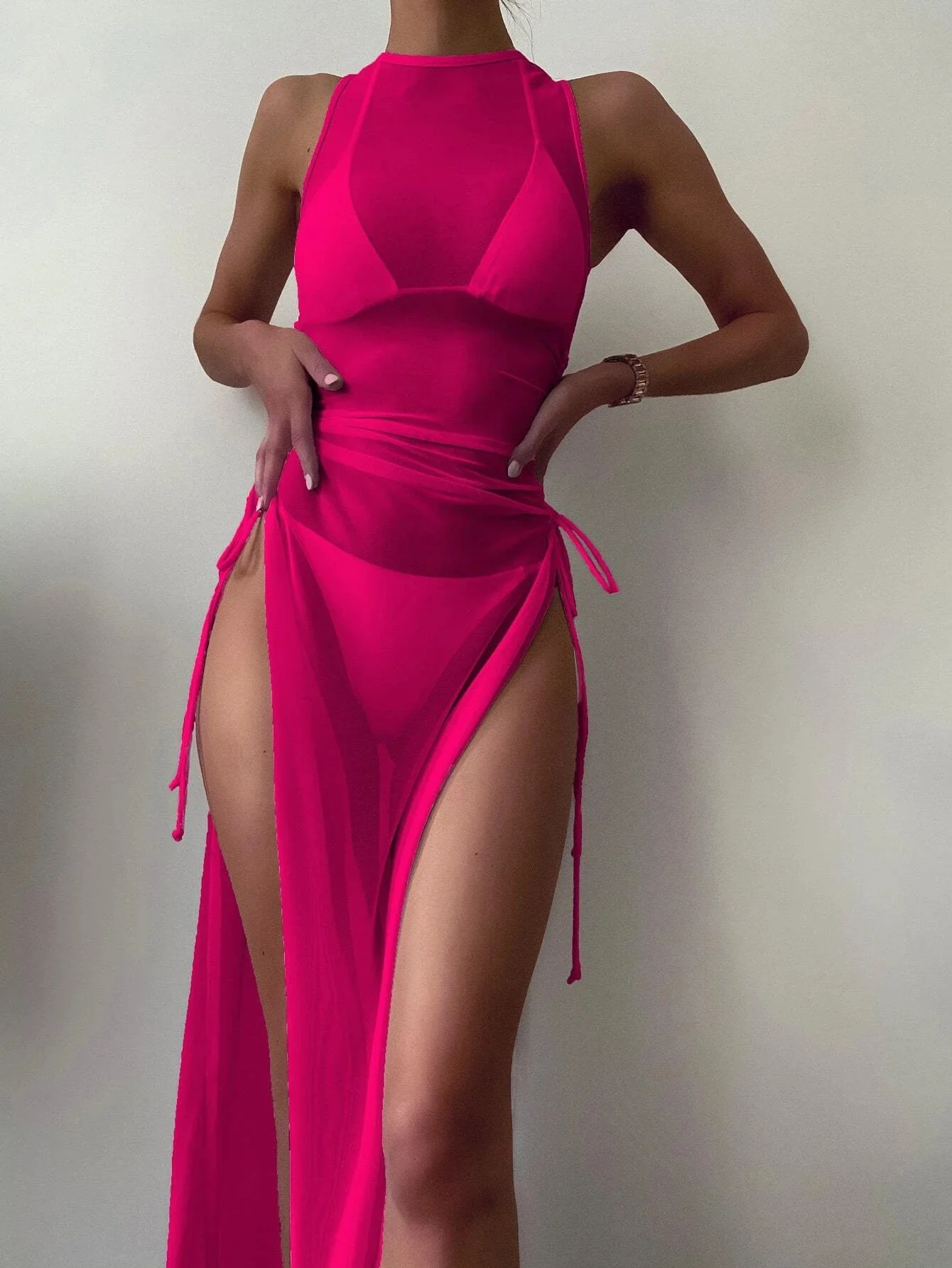 

Three Piece Bikini Solid Triangle Draw String Tulle Gown Swimsuit 2022 Sexy Beach Women Swimwear Vintage Bathing Suit