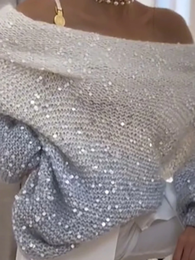 

Elegant Shiny Sequins Pullover Sweaters Autumn Winter Sexy Off Shoulder Loose Knitted Tops Women Fashion Gradient Print Jumpers