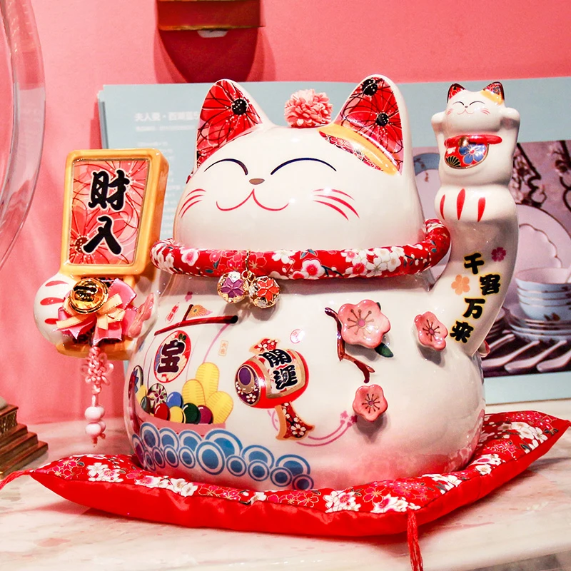 سيراميك Maneki Neko Lucky Cat - تمثال قطة الحظ على الطراز الياباني للمنزل ومدخل المتجر والبهو وديكور المكتب
