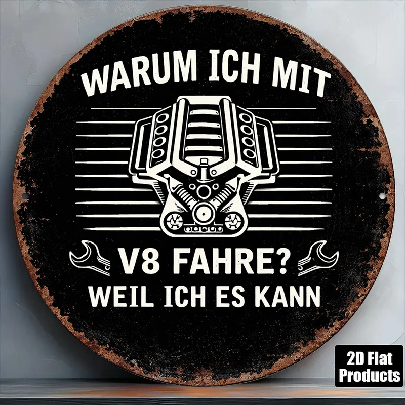 2D Flat Round Sign, Retro Plaque about V8 Engine, Car Enthusiast Decoration Sign, Suitable for Garage Studio Decoration Or Gift
