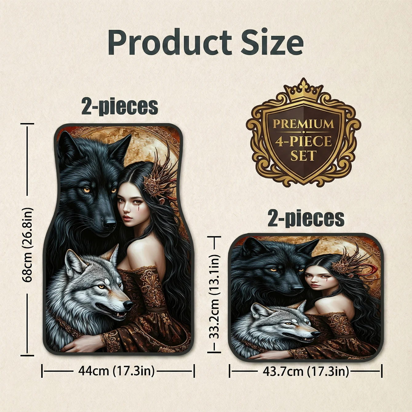 Set Of 4 Car Mats Featuring Woman With Wolf Design, Perfect For Hatchbacks Estate Cars, Easy Care & Maintenance, Stylish Interio