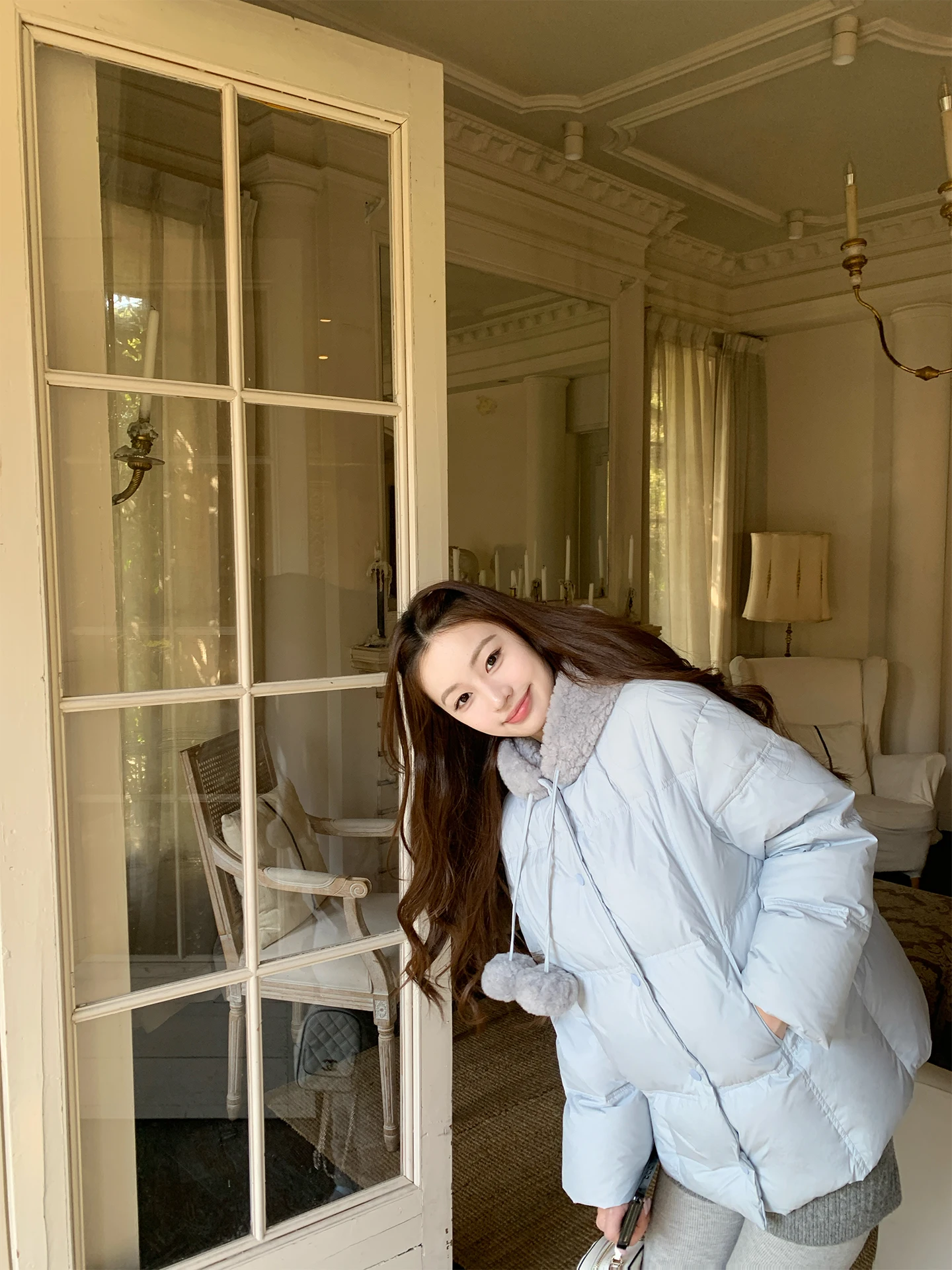 

Blue Women's Puffer Jaet Hooded Du down Outerwear Warm Thiened Long Sve Mid-Length Single Button Closure Casual