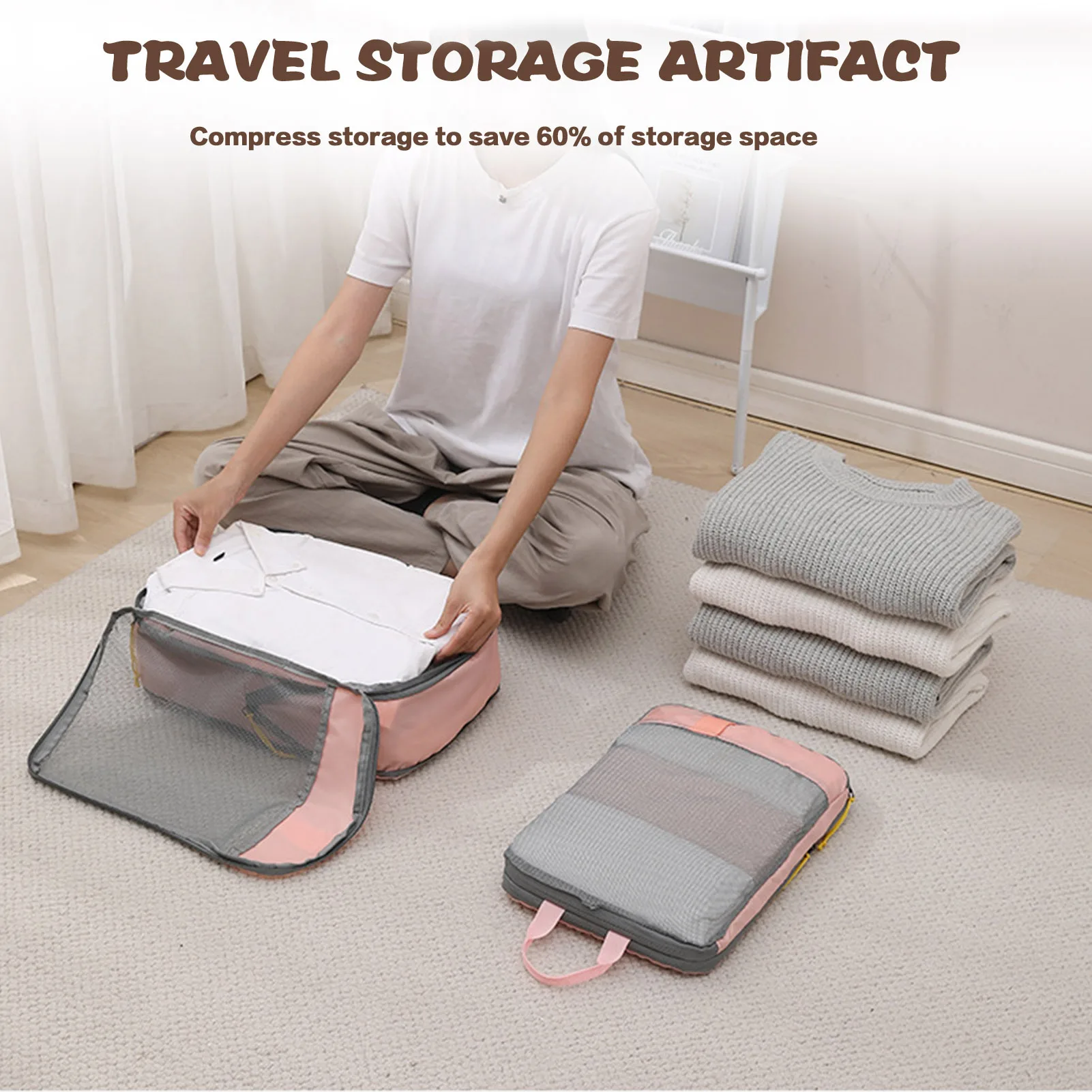 3/4/6pcs Portable Travel Luggage Storage Bags Compression Packing Cubes Set Lingerie Toiletry Clothes Storage Bag with Handle