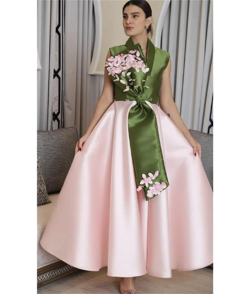 Customized Graceful Satin A-Line Crystal 3D Flowers Evening Dress Temperament V-Neck Sleeveless Ankle Length Celebrity Gowns