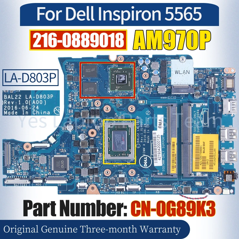 

BAL22 LA-D803P For Dell Inspiron 5565 Laptop Mainboard CN-0G89K3 AM970P AMD CPU 216-0889018 100％ Tested Notebook Motherboard