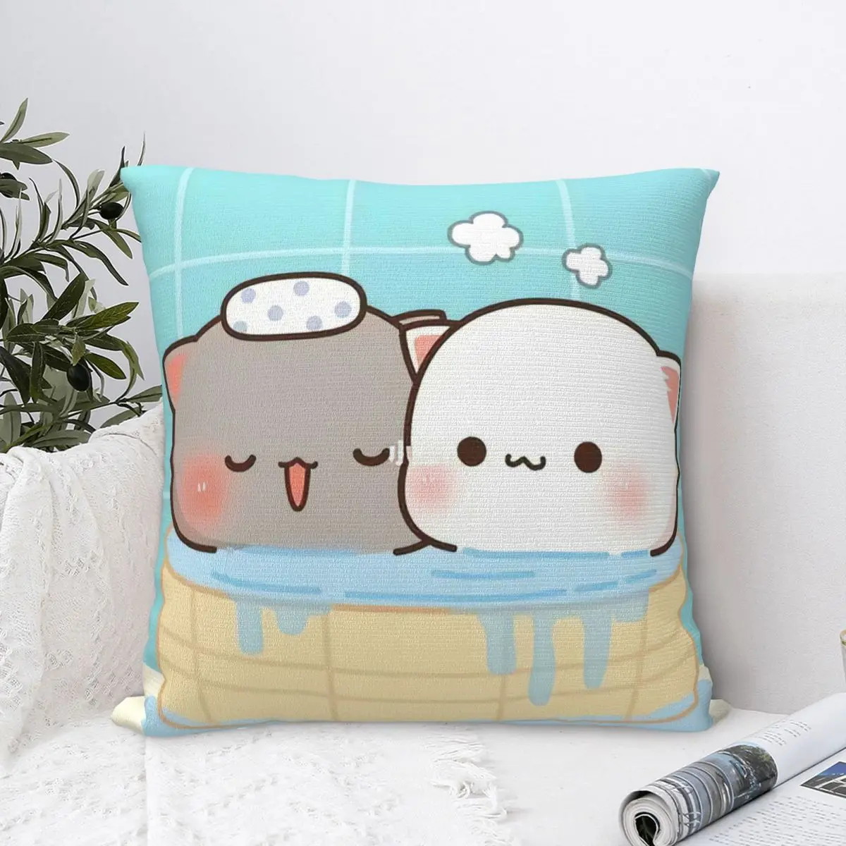 Kawaii Peach And Goma Cartoon Pillow Covers Seat Mocha Mochi Peach Cat Cushion Cover Funny Home Decoration Pillowcase 40*40