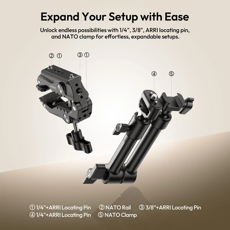 Ulanzi Kit braccio magico da 10 pollici HD02 con pattino freddo con vite da 1/4" a super morsetto 360 °   Testa a sfera regolabile per supporto per telecamera con supporto per monitor