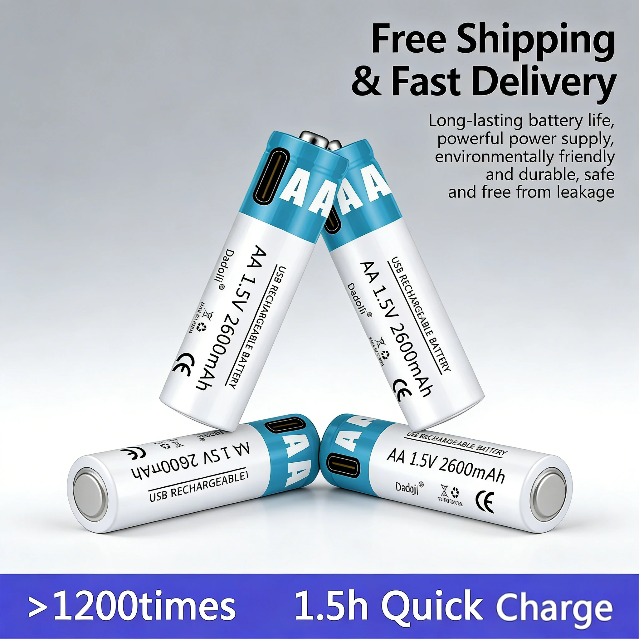 

1.5V AA Rechargeable Battery 2600mAh USB Type-C Charging Li-ion Batteries for Remote Control Mouse Toy with Charging Cable