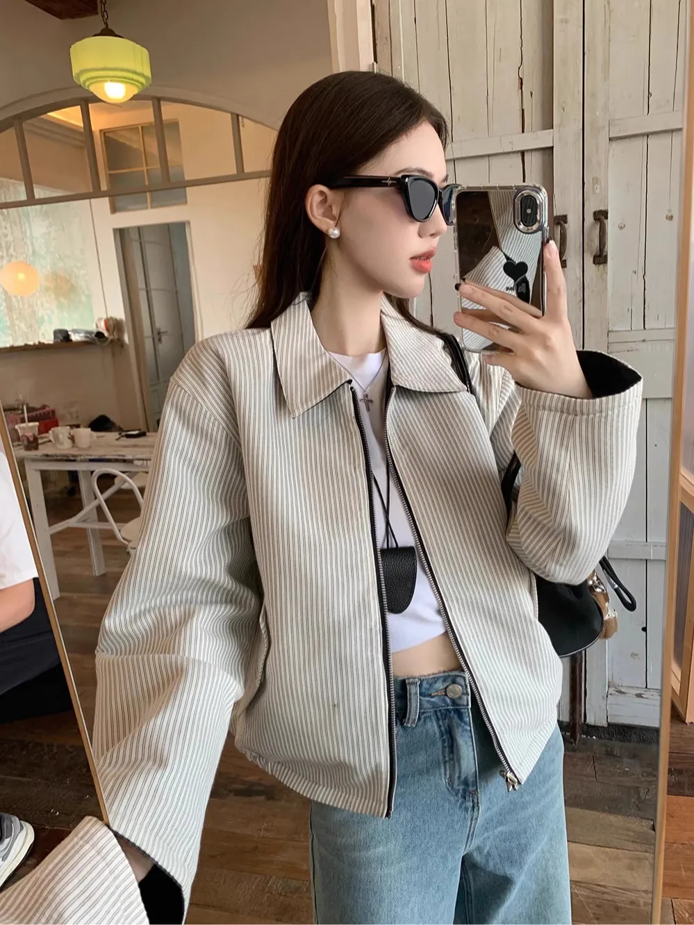 

EXJR Women's Short Open Cardigan Jacket Zipper Long Sleeve Loose Fit Design Sense Vintage Style Cotton Outerwear