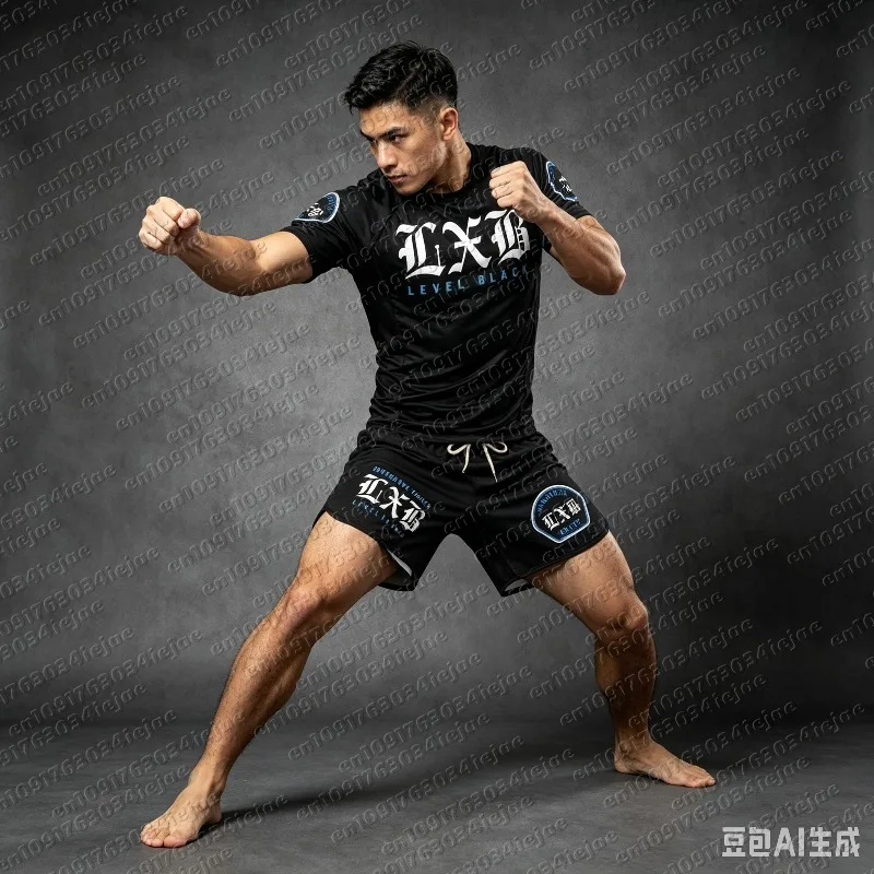 Summer Quick Drying Black Boxing Rash Guard Set Jersey Fighting T-shirt and Shorts Combo for Fitness Adults Kid