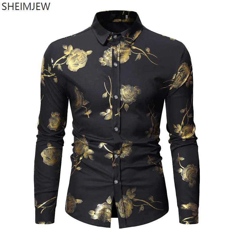 New Men's Gold Rose Floral Print Shirt Adult Floral Steampunk Petticoat White Long Sleeve Wedding Party Hot Stamping Camisole