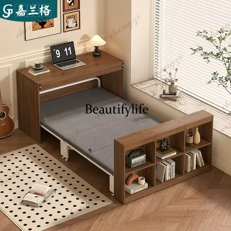 Solid Wood Folding Bed Single Pull Out Invisible Desk All in One Dual Use Bed Cabinet for 9ch42