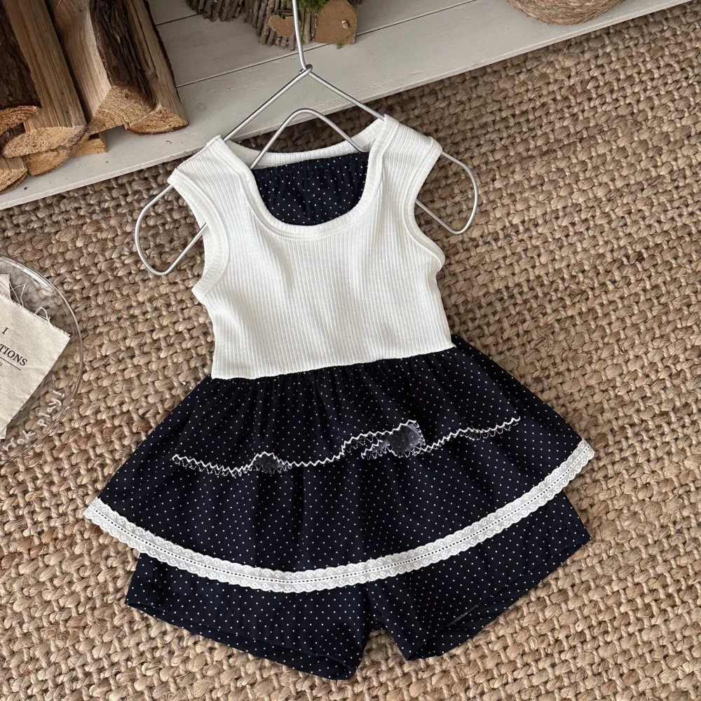 2026 Summer New Girls Sleeveless Vest Cute Polka Dot Splicing Tops Baby Girl Sweet Lace Vest Cotton Toddler Clothes