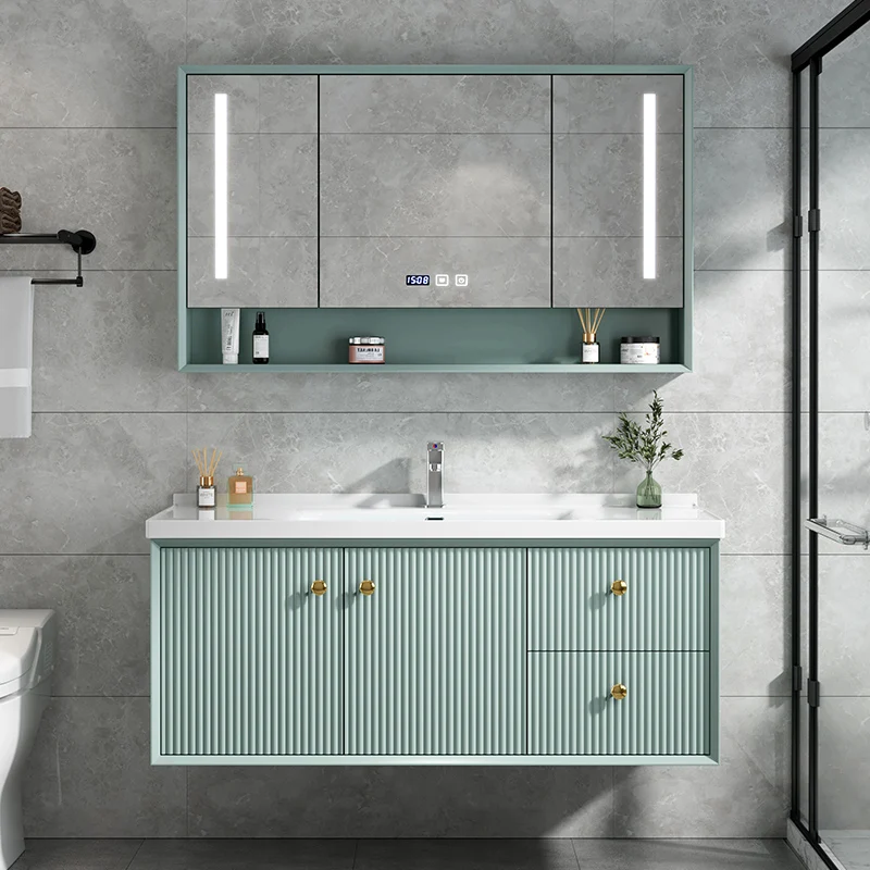 

Rustic Integrated Bathroom Cabinet Wood Led Light Vanity Mirror Bathroom Cabinet Storage Organizer Armario Banheiro Accessories