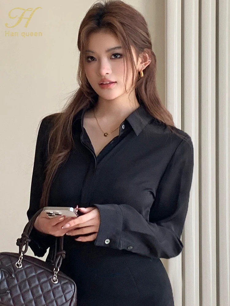 

H Han Queen Women's Vintage Black Shirt New Spring Womans Clothing Loose Long Sleeve Chiffon Shirts & Blouses Work Casual Tops