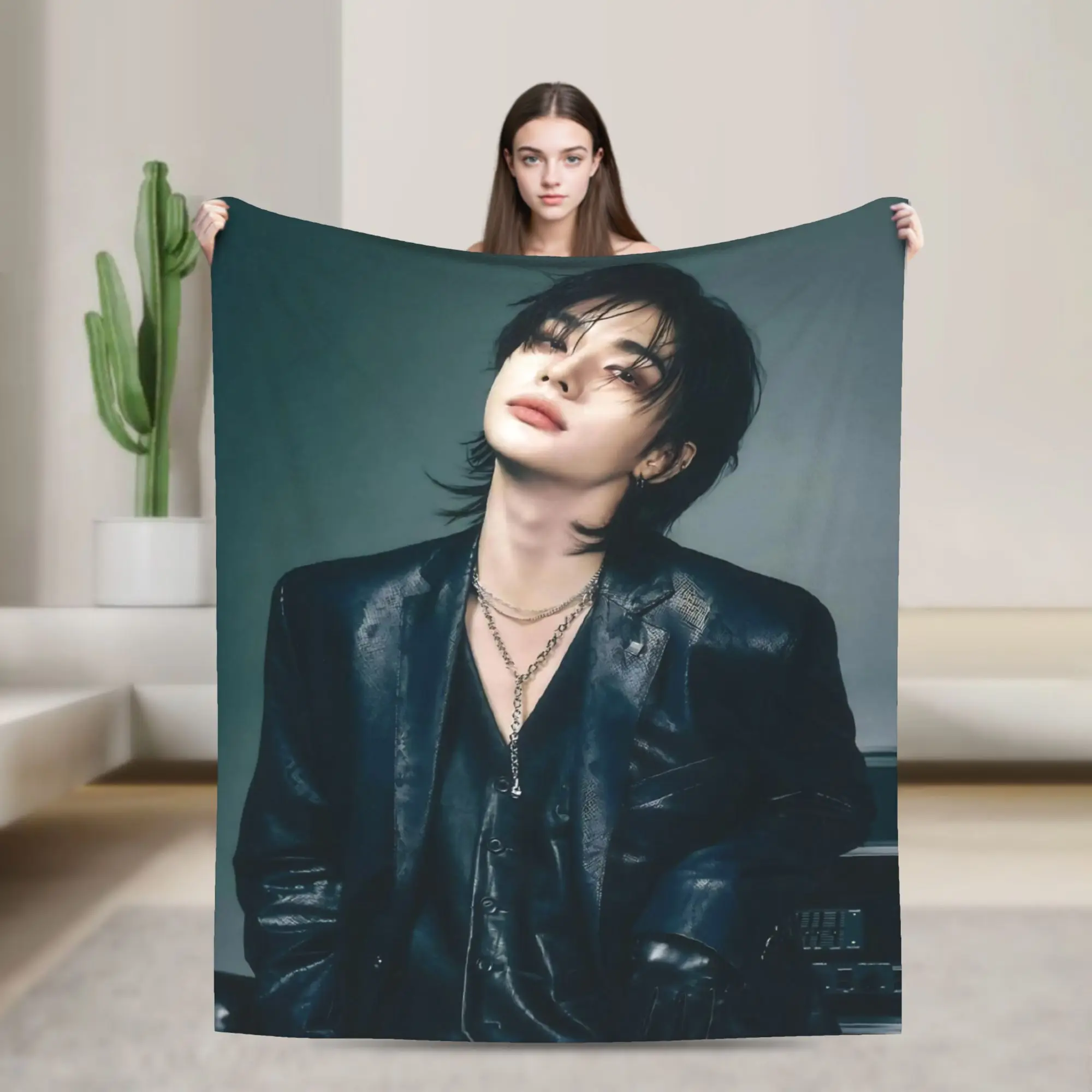 

Hyunjin Kpop Idol Blanket Korean Star Flannel Vintage Warm Throw Blankets for Home All Season