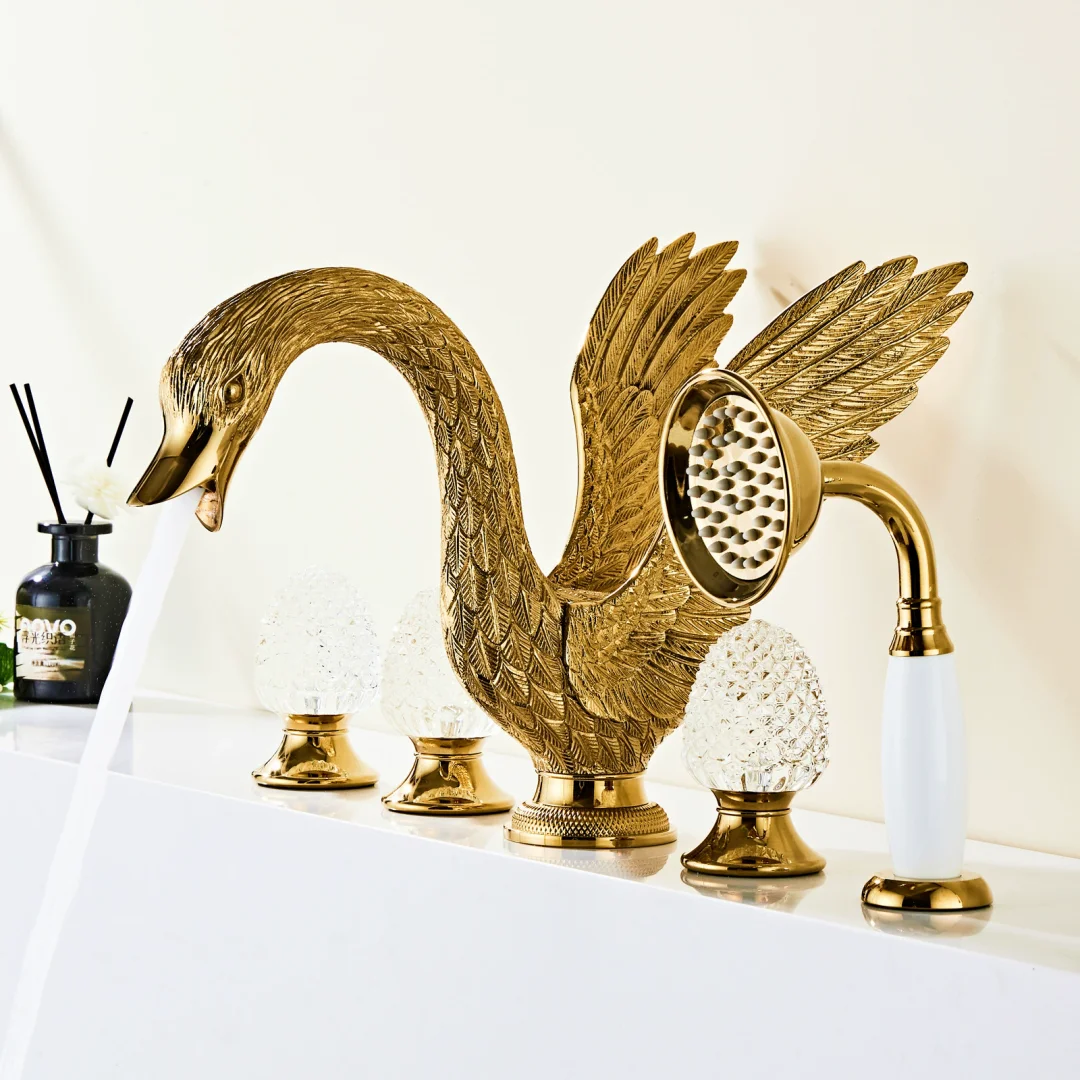

Роскошный смеситель для ванны Gold Swan с ручной лейкой, из меди, для горячей и холодной воды, с широким монтажом