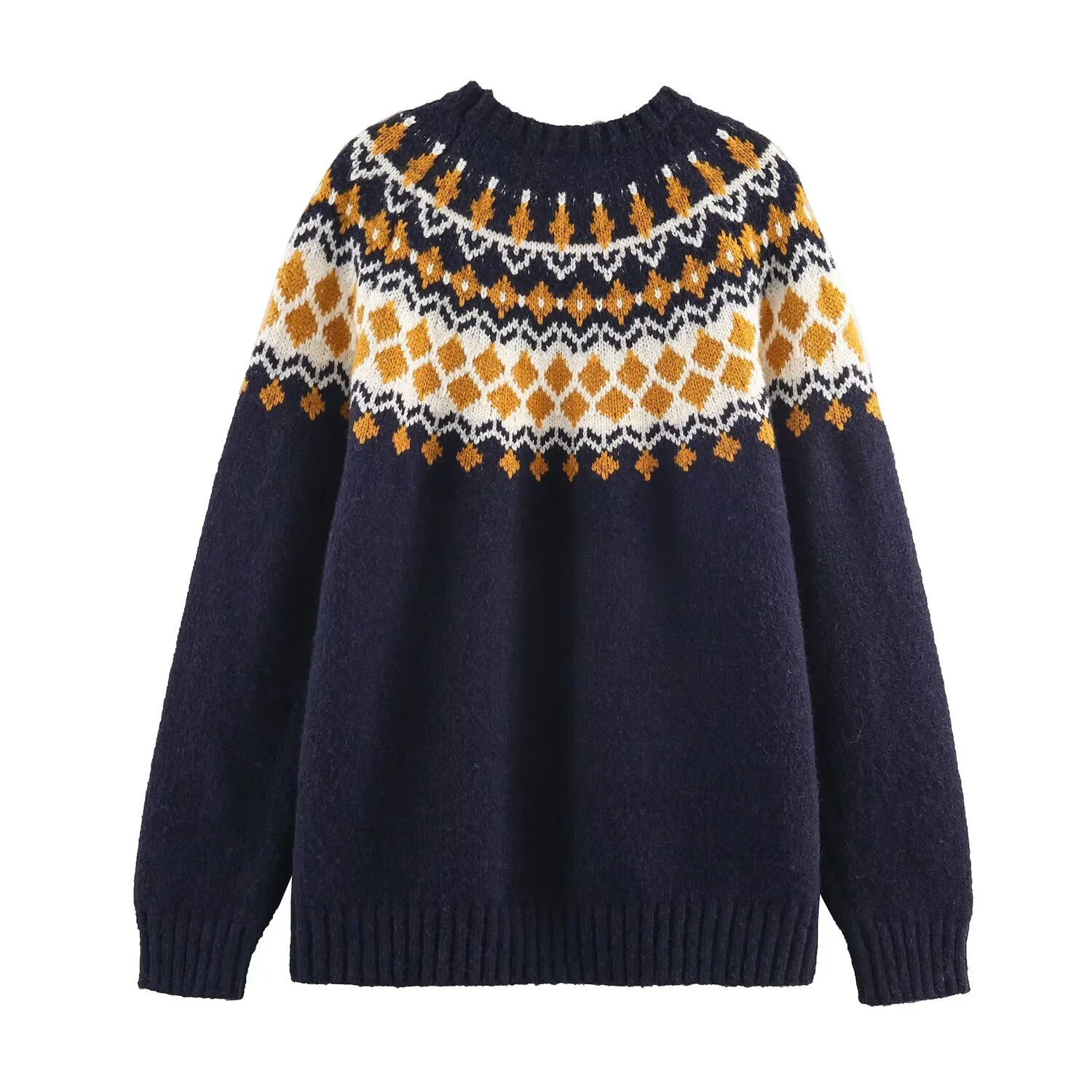 2025 Winter New Women's Casual Fashion Simple Round Neck Long Sleeve Loose Color Block Jacquard Knit Pullover Top