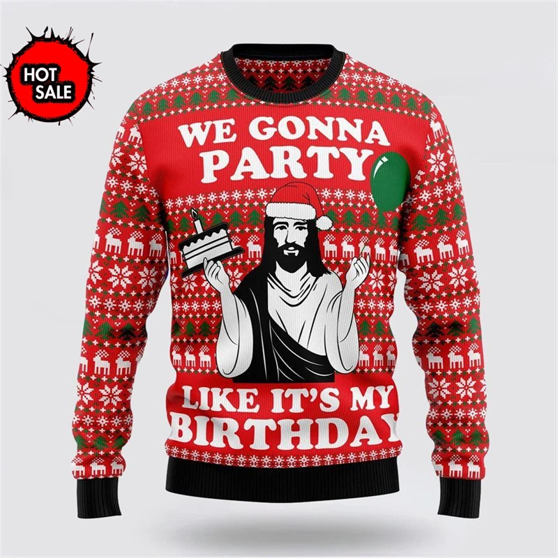 Men Women Holiday Party Xmas Sweatshirts Happy Birthday Jesus Ugly Sweater 3D Funny Printed Ugly Christmas Sweaters Jumpers Tops