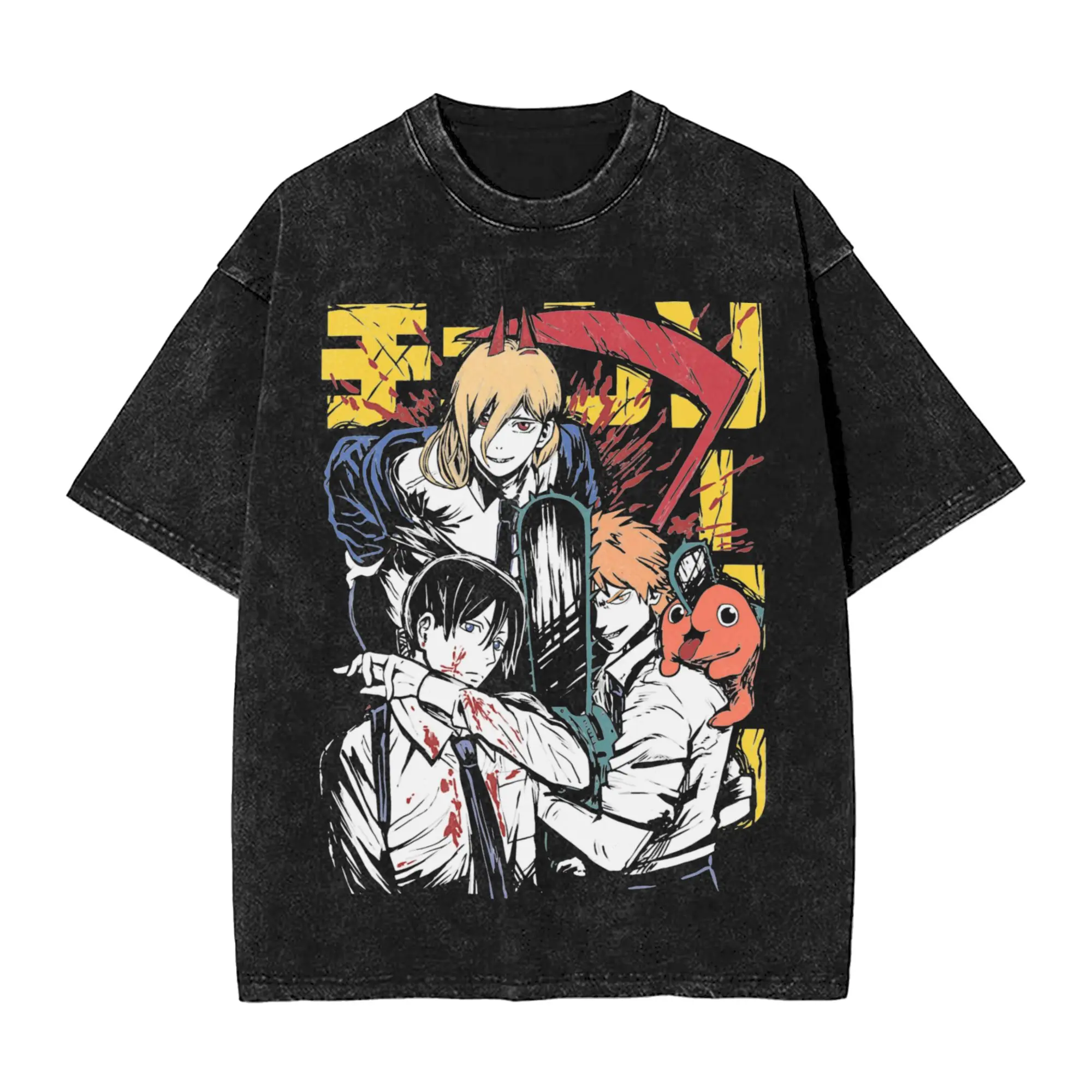 Funny Chainsaws Man Anime Vintage Washed Tshirts Men's Round Neck Short Sleeve Tops Monster 100%Cotton Summer Clothes