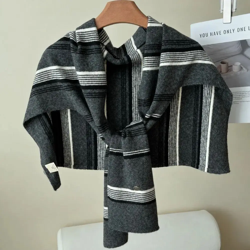Elegant Cape T-Shaped Striped Shawl Retro Cloak Large Wraps Warm Korean Style Knitted Neck Wrap Female
