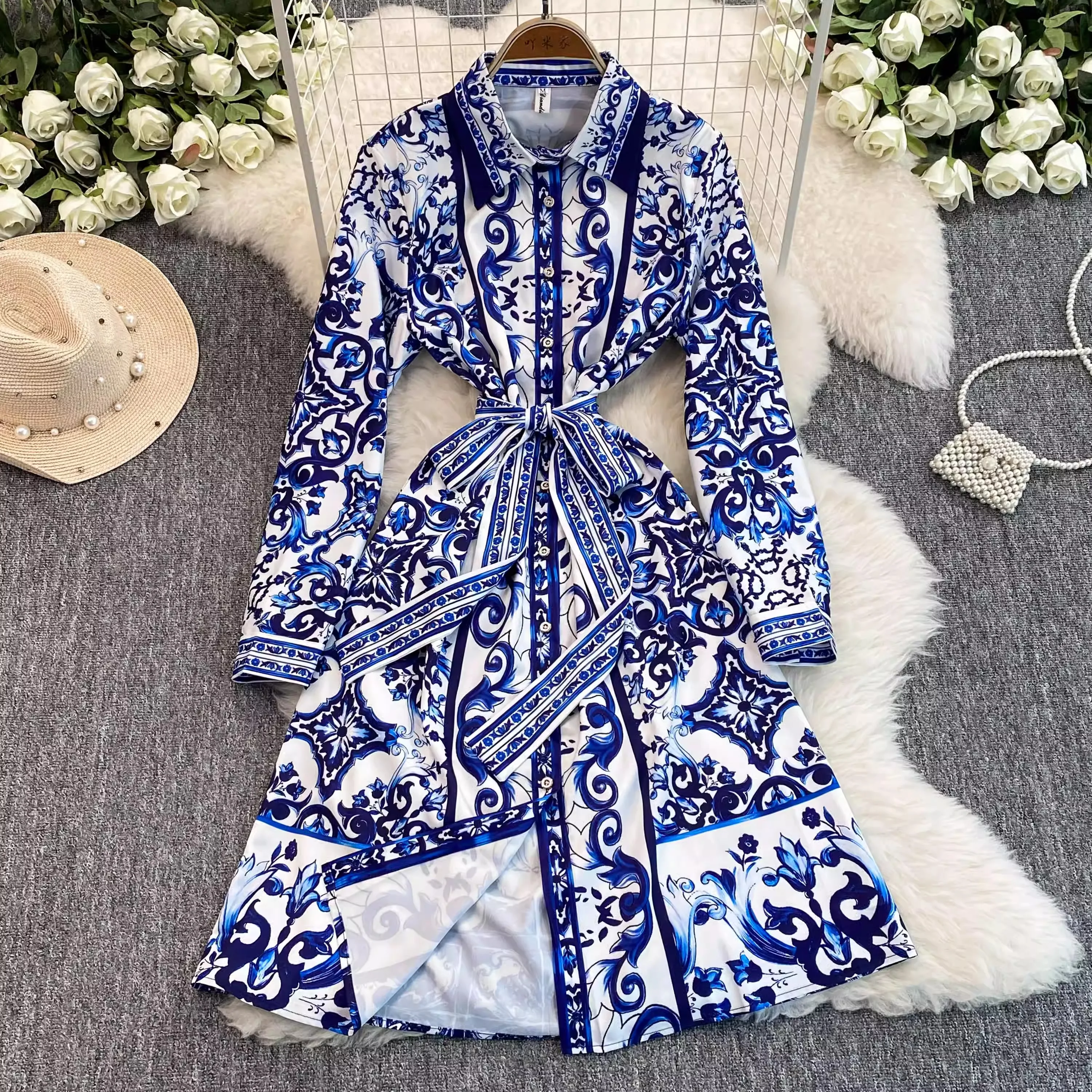 

Spring Summer Runway Blue And White Porcelain Print Midi Dress Women's Lapel Long Sleeve Single Breasted Lace Up Party Vestidos