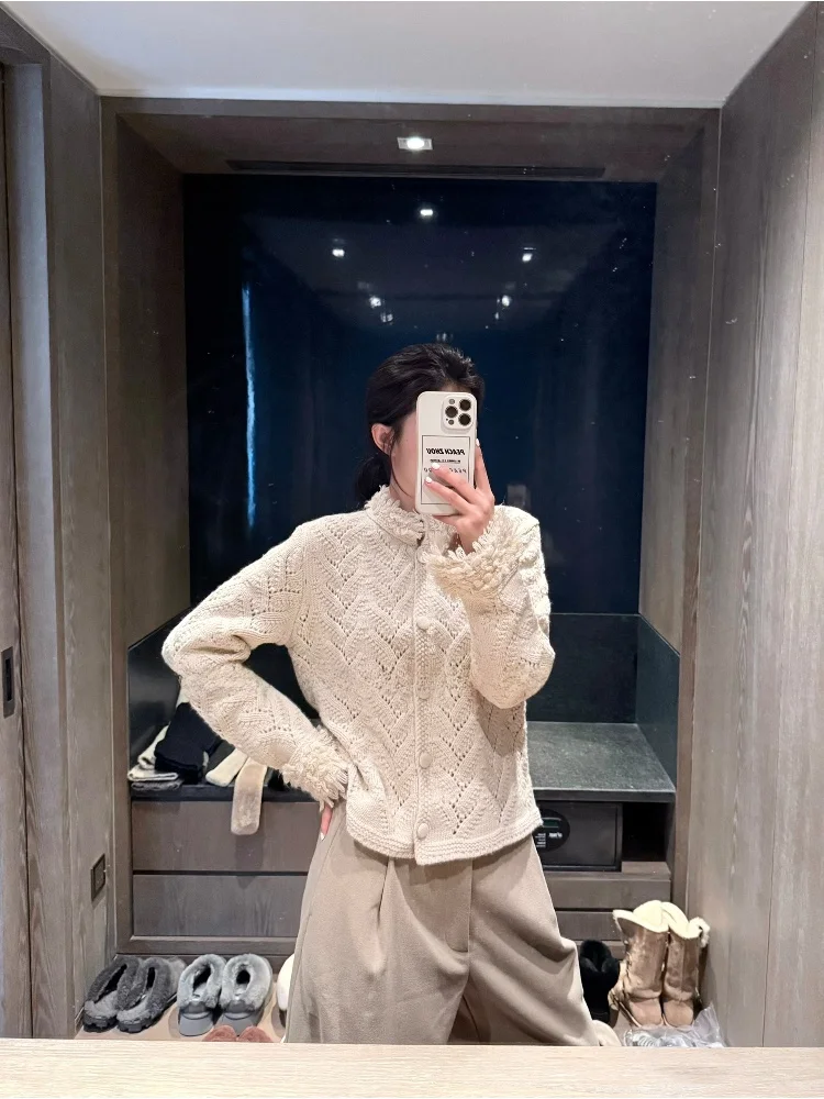 

Винтажный вязаный кардиган PEACHZHOU с бахромой, воротником-стойкой и пуговицами, женское зимнее пальто с защитой от катышков