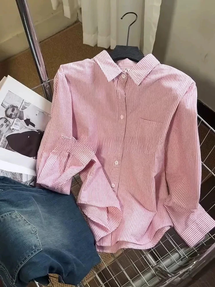 

Pink Striped Collar Loose Fit Women's irt Youthful Feeling Spring Autumn Casual Sle Slimming Effect Long Sve