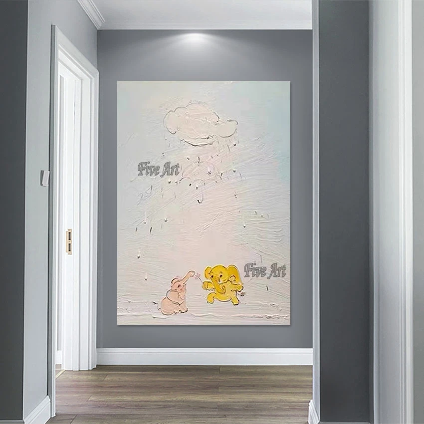 Cute Cartoon Elephant Handmade Oil Painting On Canvas Kids Room Wall Hanging Handmade Picture Wallpaper Home Decoration Unframed