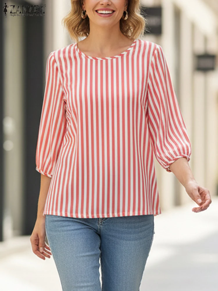 Stylowa bluzka damska ZANZEA 2026 wiosna-lato, koszula w paski, codzienna bluzka z okrągłym dekoltem, rękaw 3/4, bluzki damskie, luźna koszula do pracy w stylu OL.