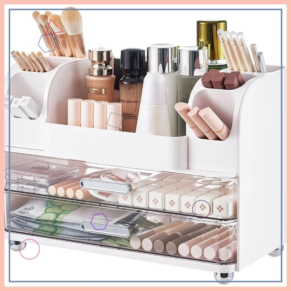 White Makeup Organizer with 2 Large Drawers, Brush Holders for Vanity Bathroom Countertop Office Desk Storage