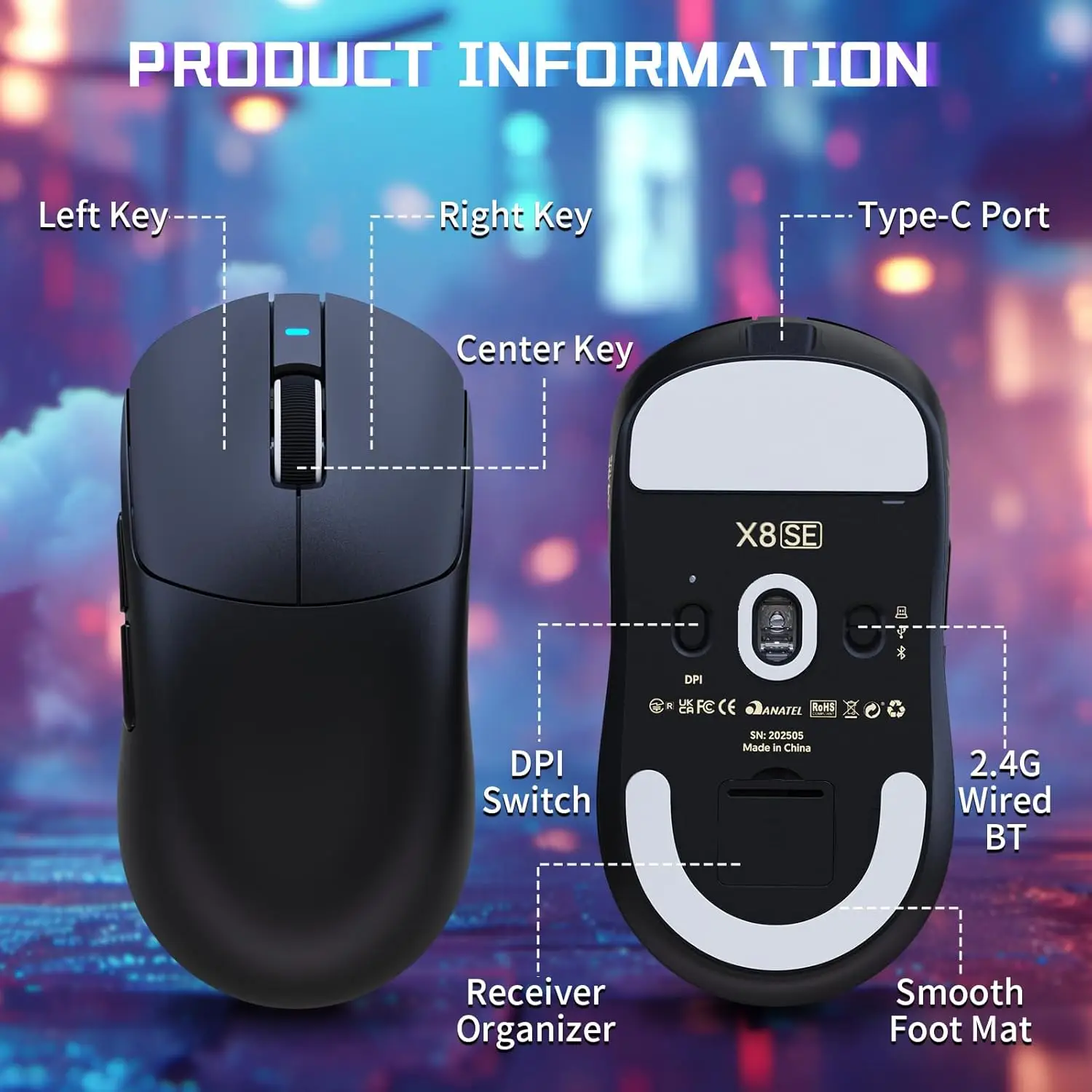 ATTACK SHARK X8SE Wireless Gaming Mouse,Adjustable 25K DPI PAW3311 Optical Sensor,Ergonomic 59g Lightweight,Triple Modes 2.4G/BT
