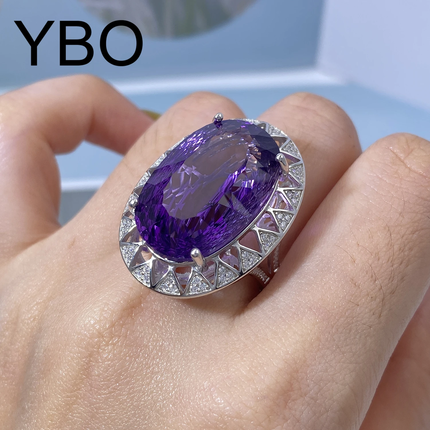 

YBO 25CT Big Gemstone Rings Women's 925 Sterling Silver Luxury Jewelry Natural Amethyst Nest Cut Ring Party Anniversary Gifts