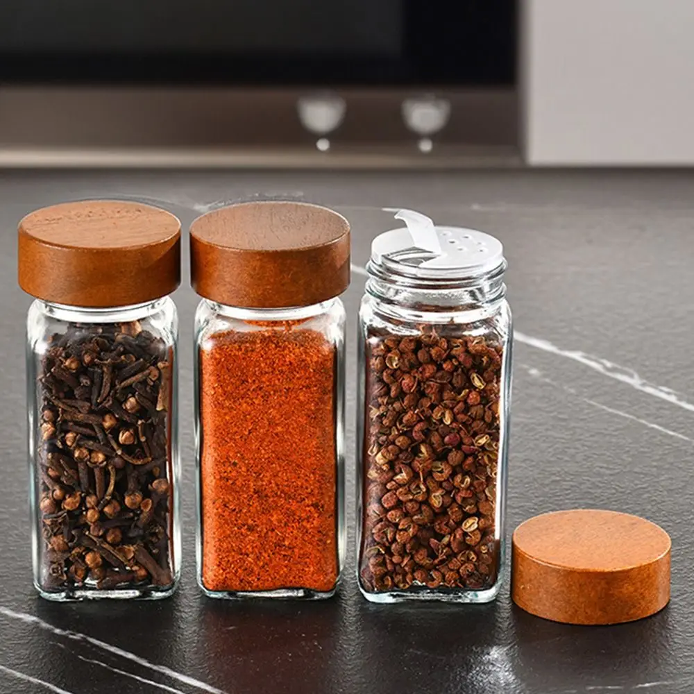 Transparent Storage Tank Glass Sealed Spice Jars Dispensing Bottles Storage Tool Square Spice Jar with Acacia Wood Lids