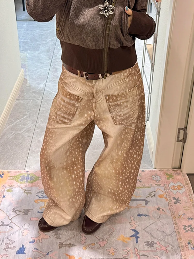 

American High Street Design Deer Pattern Printed Denim Pants Women Sexy Retro Color Stitching Floor-Length Knife Pants