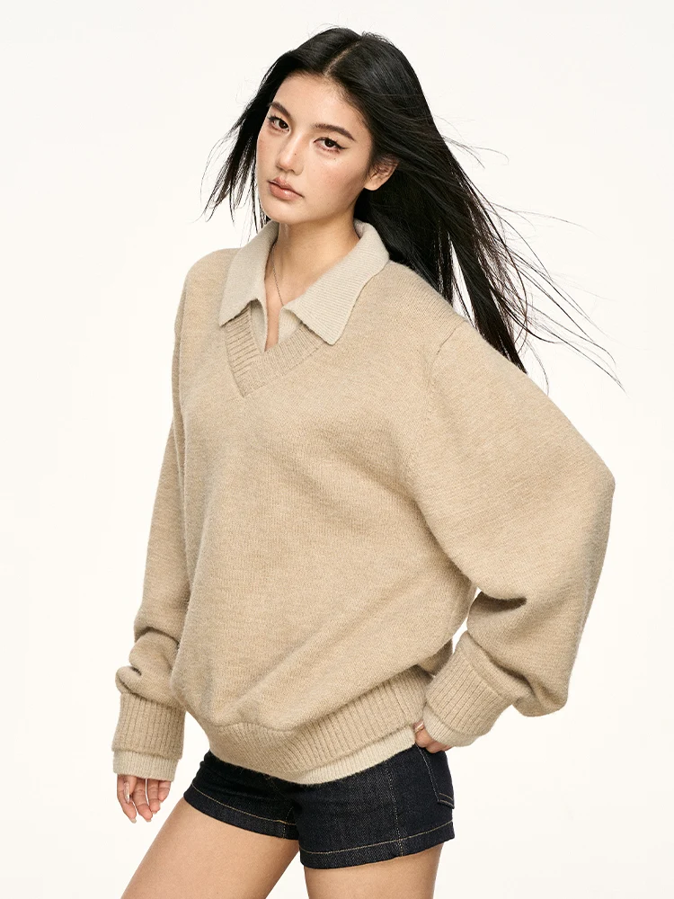 

Вязаный свитер Aaisup American Style с воротником, женский, зимний, свободный, универсальный, имитация двухслойности