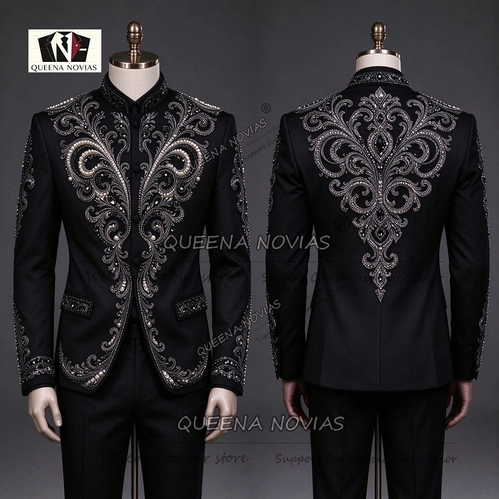 Luxury Pearls Crystals Suits For Groom Wear Chinese Style Stand Collar Jacket Pants 2 Pieces Man Wedding Tuxedos Dinner Party