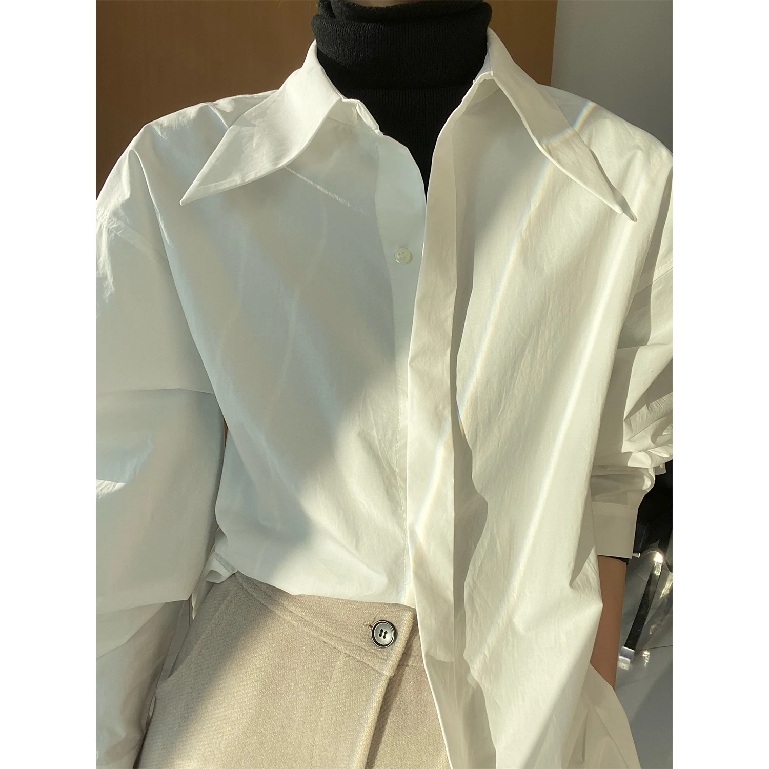 

Ele White irt Collar Long Sve Loose Fit Faionable Layering Busin Casual Straight Cut Single Color Design