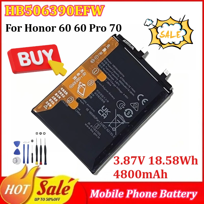 

New HB506390EFW 3.87V 18.58Wh 4800mAh Mobile Phone Battery for Honor 60 60 Pro 70 Replacement Battery With tools