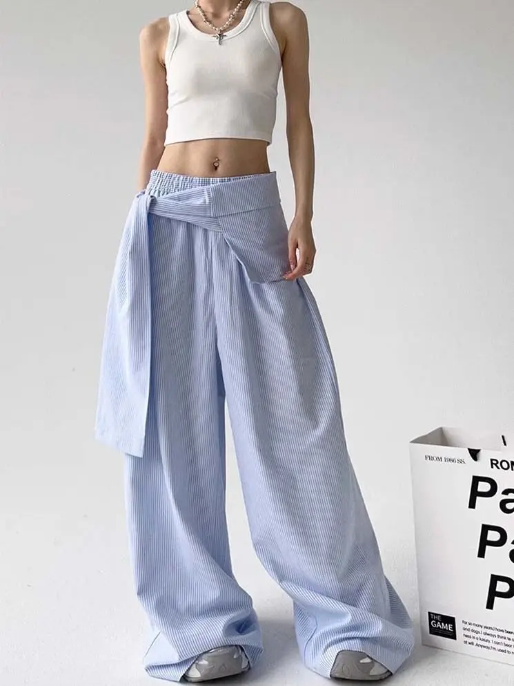 

2025 Summer Striped Wide Leg Pants Women's New Style Strap Design Sense Floor Pants Loose and Versatile Casual Pants