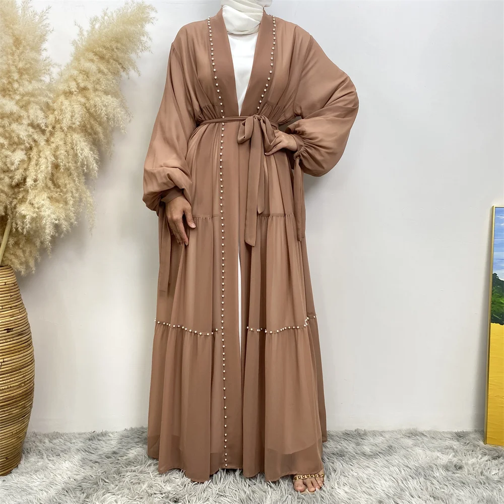 Nuovo modesto Abaya donne musulmane moda elegante colore netto in rilievo musulmano lace-up Cardigan in chiffon Robe medio oriente turchia arabo Rama