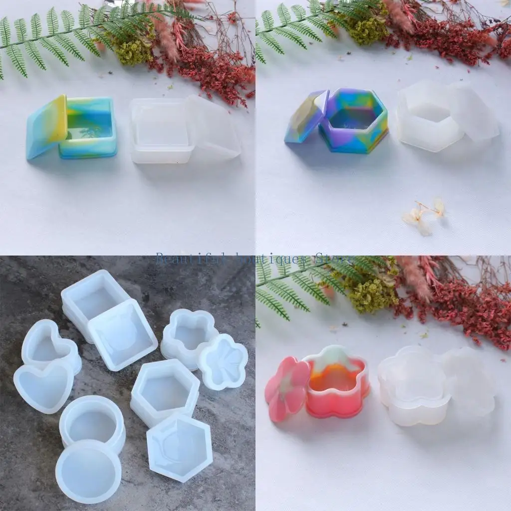 

U4LF 5x Box Resin Mould Jewelry with Lid Trinket Storage Box Silicone Mould Round