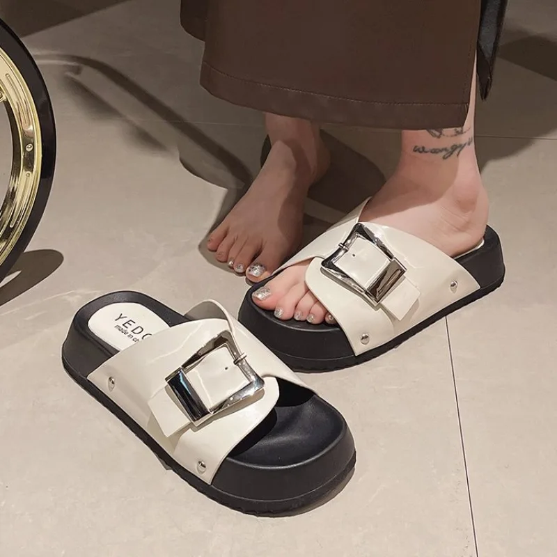 

Summer Belt Buckle Platform Slippers for Women Open-toe One-word Drag Beach Cool Slipper Fashion Women's Sandals Sandalias Mujer