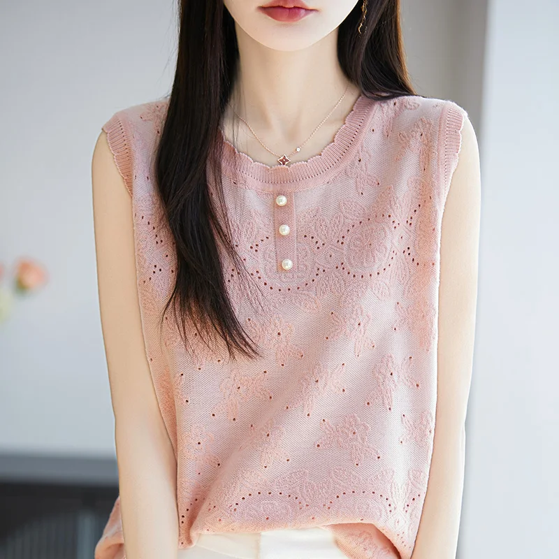 

Новый летний вязаный шерстяной жилет без рукавов, женская футболка с круглым вырезом, универсальные топы, повседневная жаккардовая блузка, свободные футболки
