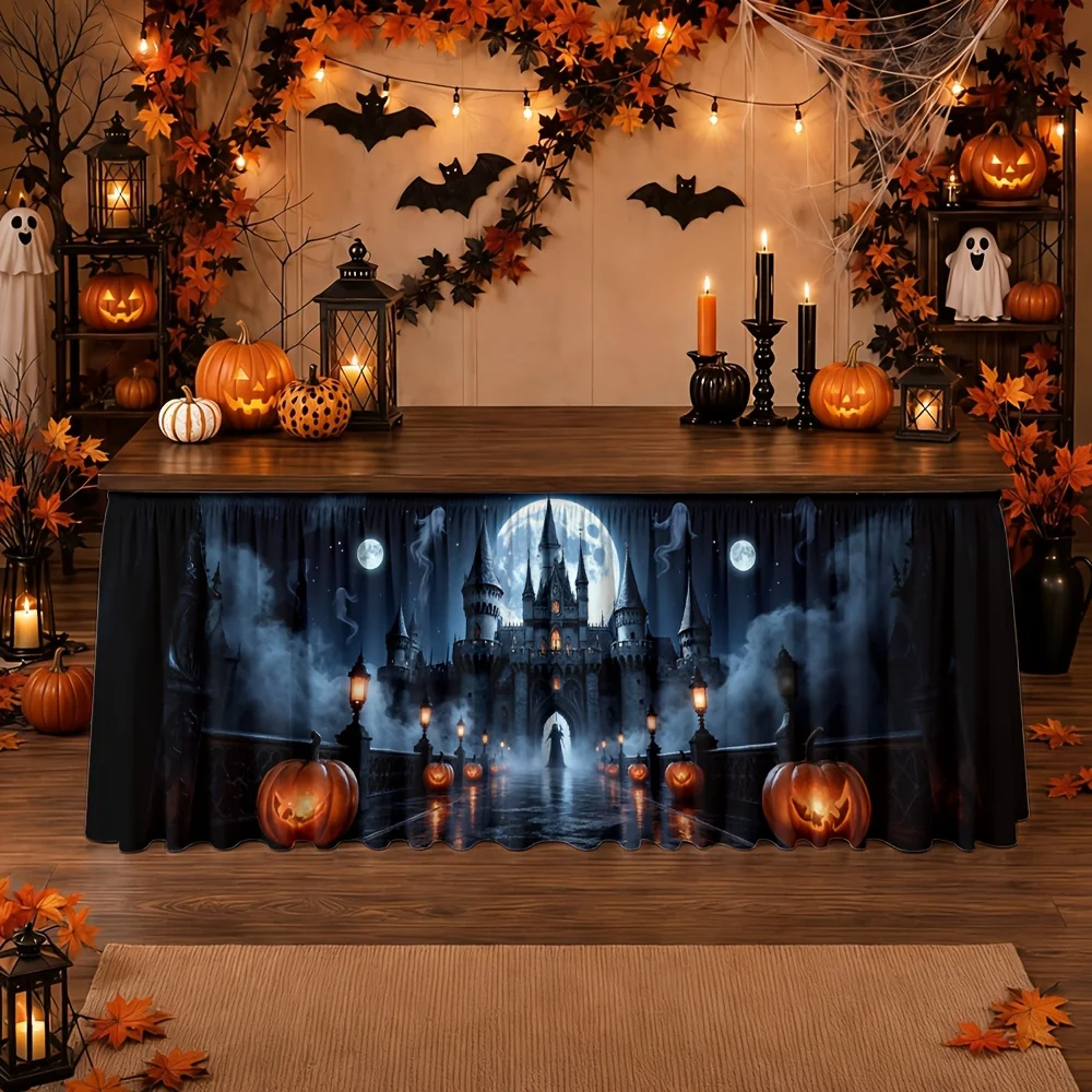 One tablecloth - Halloween Castle Moonlight Night - Ghost House - Pumpkin Lamp - Mist Gothic Fantasy - Imaginationzyc